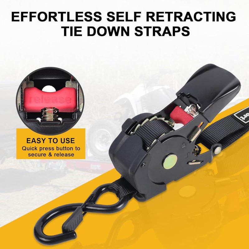 Ayaport Retractable Ratchet Straps 1in x 12.5ft – Heavy Duty 1200lbs Break Strength Ratchet Straps Self Retractable Tie Down with S Hooks for Motorcycles, Dirt Bikes, Atvs, Trucks, Cargo, Trailers - Image 2